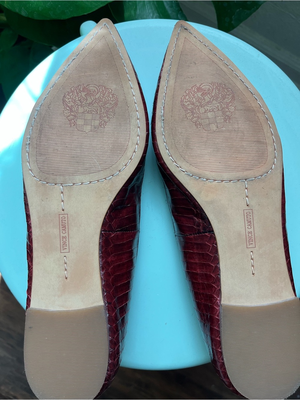 Vince Camuto Burgundy Pointed Toe Snake Embossed Leather Flats - Picture 4 of 5